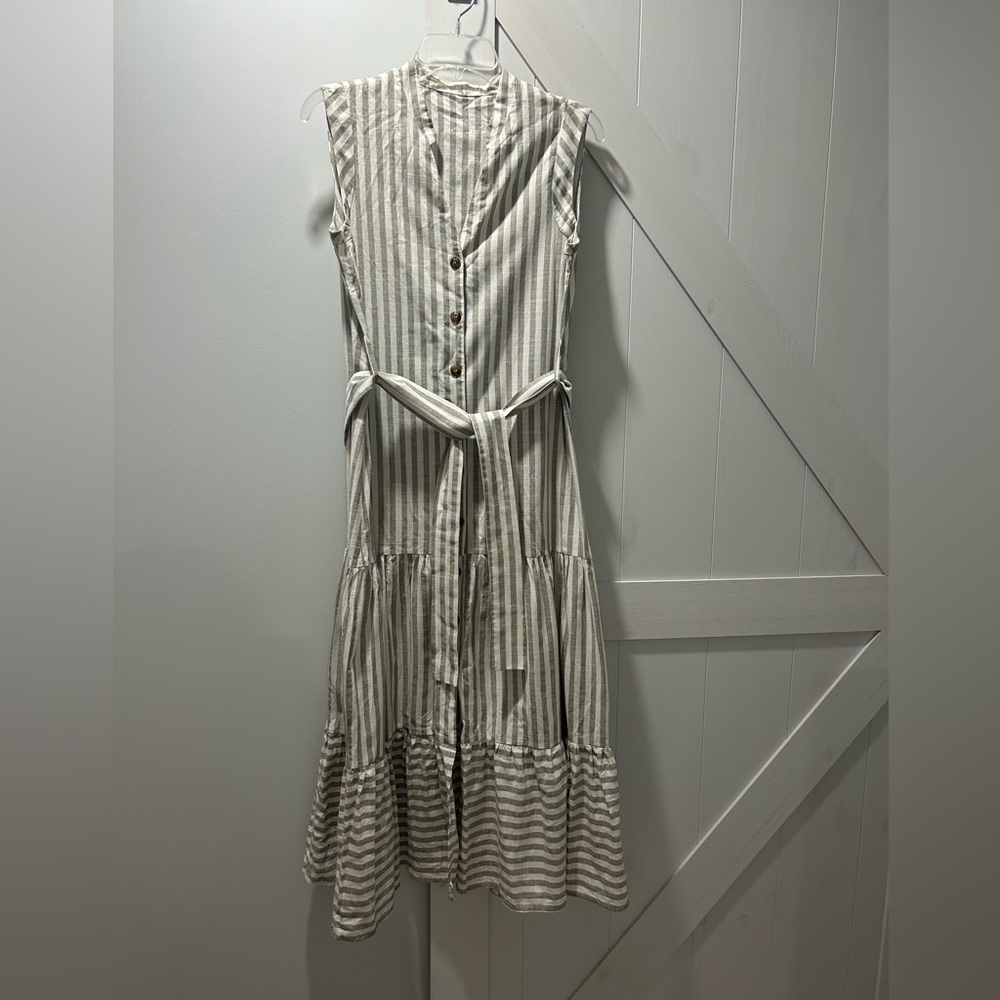 Tiffany Cream and Gray Striped Midi Dress Size Small